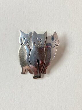 Sterling Silver Three Cats Brooch Pin 925 Cat Lover Vintage Artisan